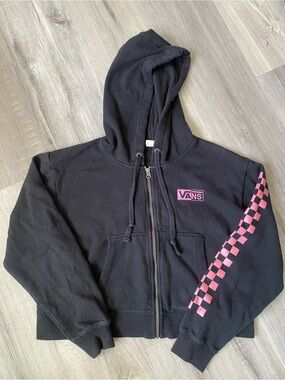 Vans Small Black Half Blast Cropped Zip Up Hoodie with Pink Checkered Sleeve